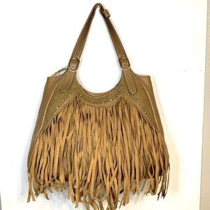 No Brand Label Tag man made tan suede fringe large size purse bag western style
